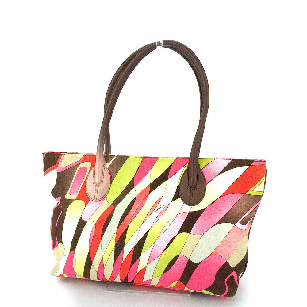 EMILIO PUCCI Tote Bag Pink Beige Canvas x Leather Authentic EMILIO PUCCI Tote Bag Pink Beige Canvas x Leather Authentic
