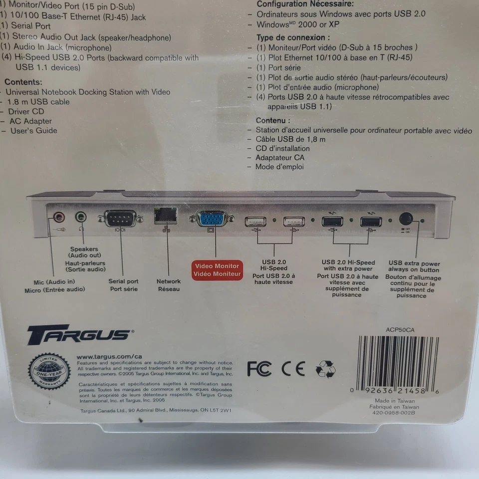 ESTACIÓN DE ACOPLAMIENTO UNIVERSAL USB PARA PORTÁTIL TARGUS ACP50CA CON VIDEO Y AUDIO - ¡NUEVA! Foto 3 de 3