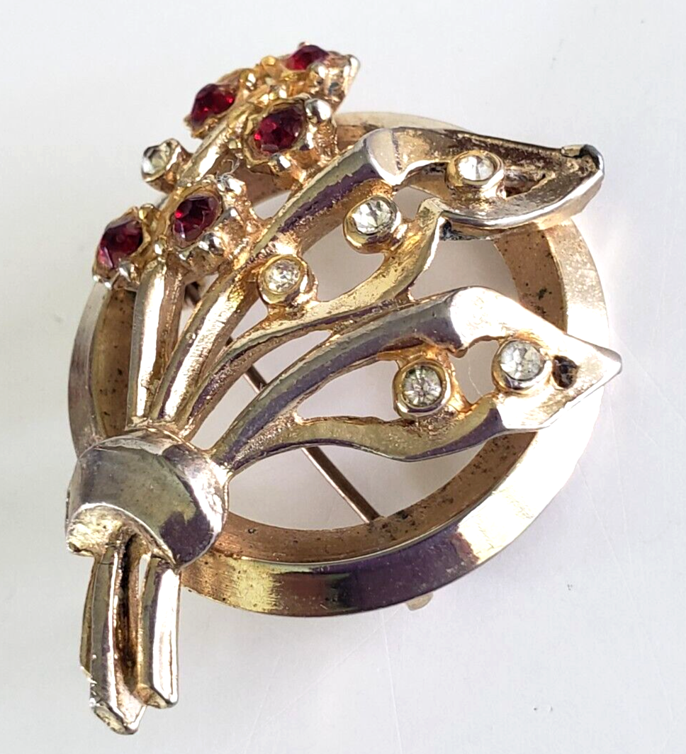 Vintage Jewels by Casselini Red & Clear Rhinestone Floral Gold