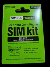 Simple Mobile Bring Your Own Phone Prepaid SIM Kit 3 in 1 fits all phones