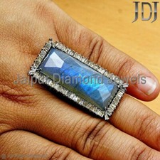 Natural Baguette Diamond Labradorite Long Ring 925 Solid Silver Gemstone Jewelry