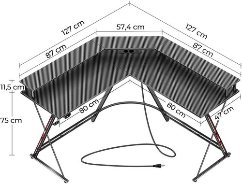 Gaming Tisch, Schreibtisch mit LED, Steckdosen, Eckschreibtisch mit Monitorständ - Bild 3 von 7