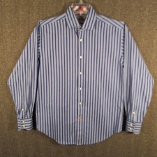 Thomas Dean Shirt Mens Size Medium Long Sleeve Flip Cuffs Blue Striped Cotton