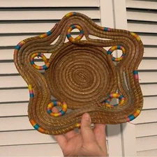 Woven Wicker Multicolor Pink Blue Yellow Star Bowl Basket - 70s style