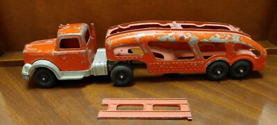 Vintage Hubley Kiddie Red Metal Toy Transport Semi Truck, Trailer 