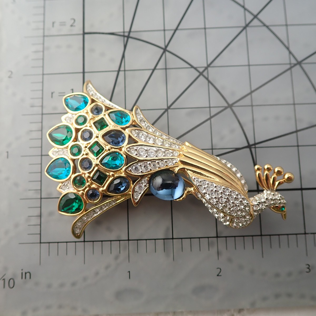 Vtg Swarovski Swan Stamp Peacock Bird Blue Green Crystal Gold Tone