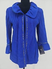 Toula Women's Wool Blazer Sz 6 Blue Ruffles Knit Sweater Silver Rivets NWT