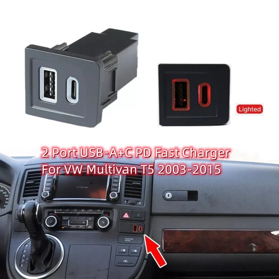 Kit de actualización de cargador rápido USB-C PD + USB-A QC para VW Multivan T5 2003-2015 2 puertos Foto 2 de 4