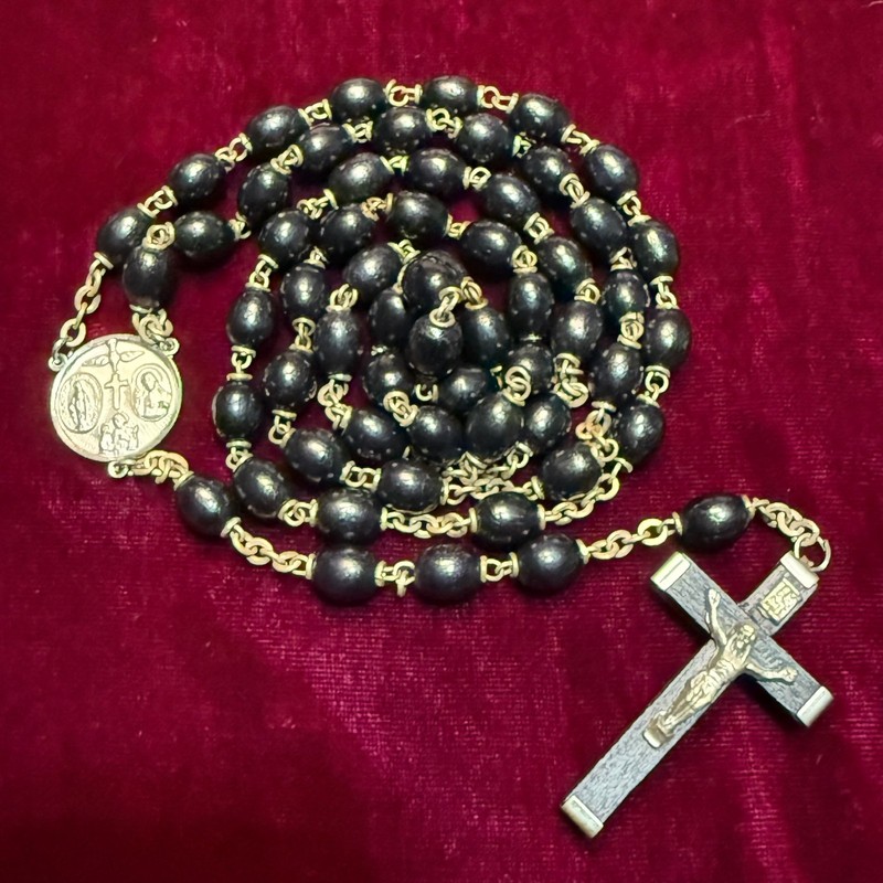 Large Black Wood Bead Catholic Rosary with Four Way Medal Made in Italy