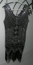 FLAPPER ROARING 20'S GATSBY DRESS COSTUME SILVER BLACK SEQUINS BEADED