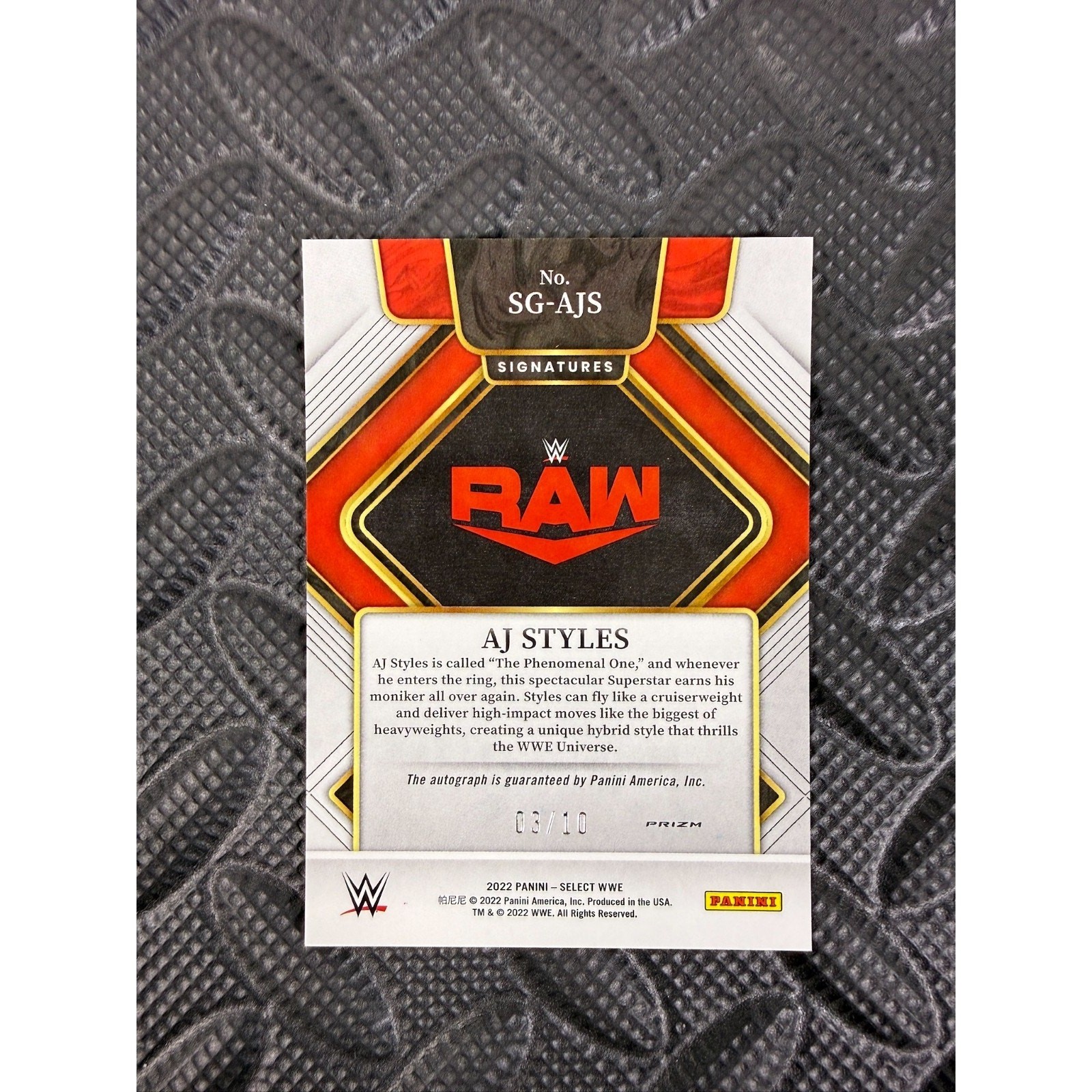 2022 Panini Select WWE AJ Styles True Gold Prizm Signatures /10 #SG-AJS Raw