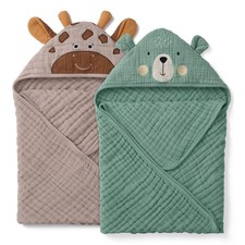 Blissful Diary Muslin Baby Hooded Towel 2 2 Pack, Smart Bear & Gentle Giraffe 