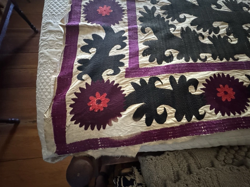 Antique Hand Embroidered Colorful Suzani Panel 64" by 54" Made in Two Pieces - Image 4 of 4