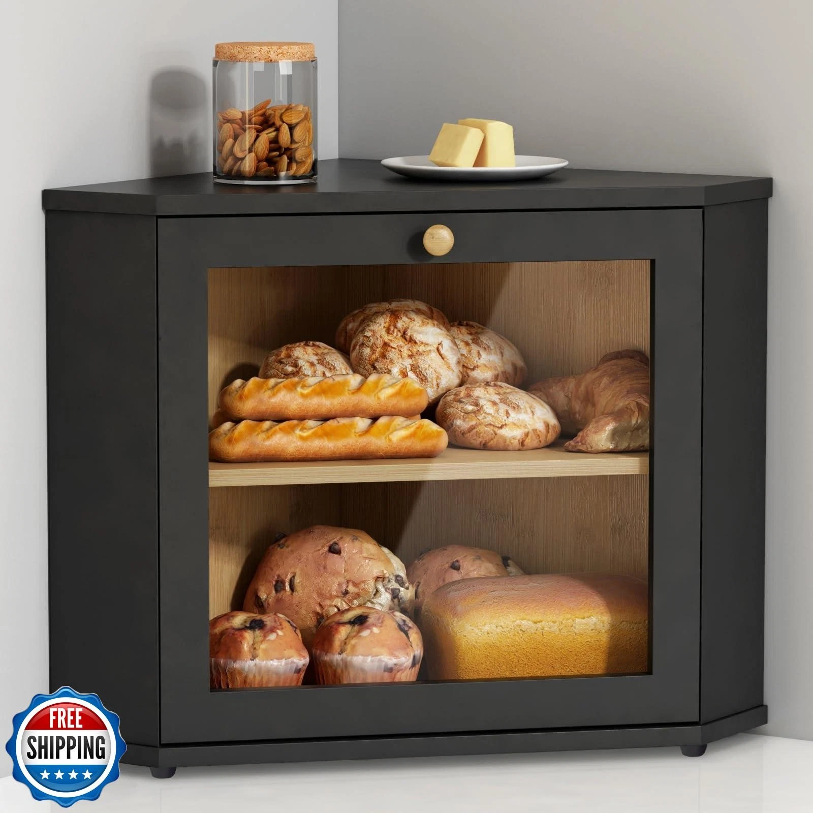 Goozii Corner Bread Box for Kitchen Countertop, Black Bread Stora