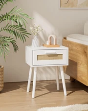 Bedroom Nightstands Wooden Night Stands with Rattan Weaving Drawer Home Bedsi...