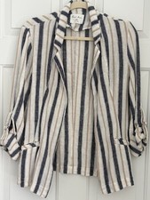 Love Tree Striped Linen Blend Blazer Jacket Roll Tab Sleeve Small Blue Tan S 2-6