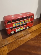 Tin Litho Friction Drive DOUBLE DECKER BUS 1960's Missing A Wheel