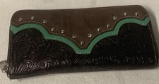 Coral Ridge Zip Around Wallet Western Bling  Studded Brown Leather Cowgirl