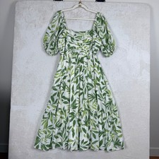 Tropical Leaf Print Puff Sleeve BabyDoll Midi Dress Cottagecore Resort Size M