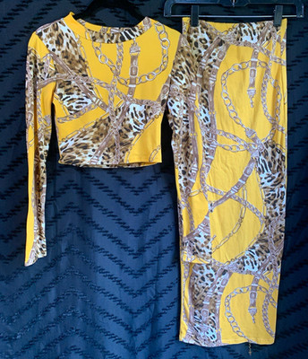 Women's Yellow Leopard Chain Print 2pc Knit Crop Top Midi Skirt Set S