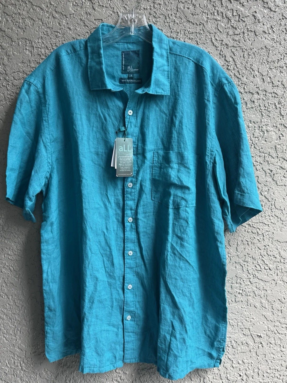 All A Little Larger Men European Linen Turquoise Relax Fit Shirt Sz 2 (US-L) NEW