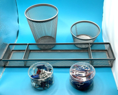 Mesh Desk Organizer 3 Piece Set Silver Metal w Red White Blue Paper Binder Clips