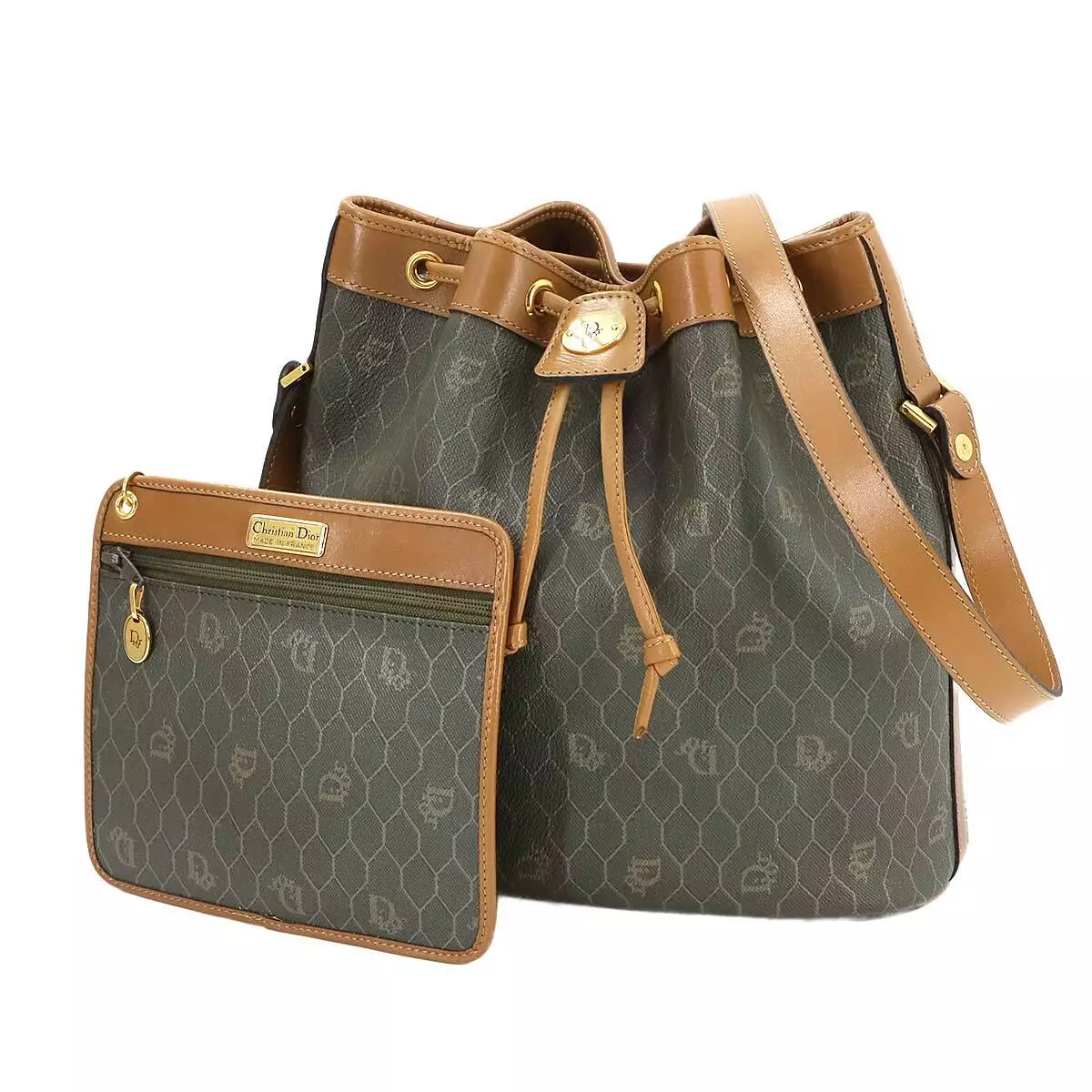 Sac à main bandoulière Christian Dior nid d'abeille PVC cuir kaki marron 90272492