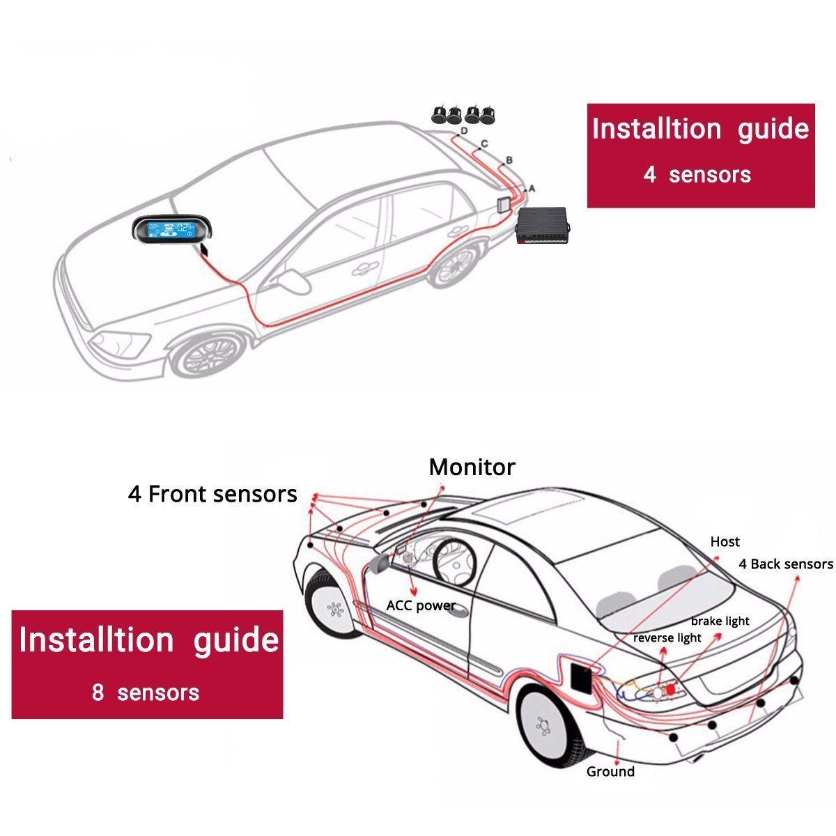 Maso N8P4L Parksensor, Dual-Core, Vorder- und Rückfahrradar-System, LCD