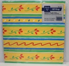 VINTAGE AMBASSADOR GIFT WRAPPING PAPER YELLOW STRIPES FLOWER NEW NOS 2 SHEETS