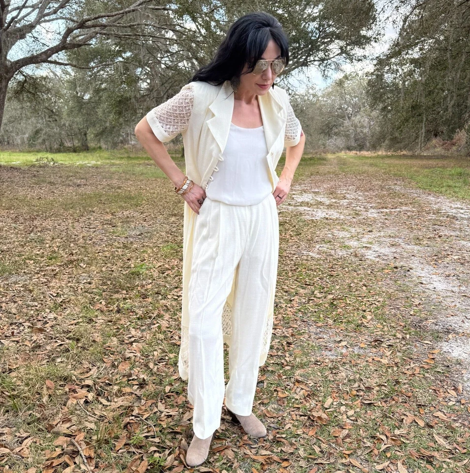 Blazer largo de colección Cache para mujer plumero pantalones mangas de encaje almohadillas para el hombro marfil talla 6 Foto 3 de 4