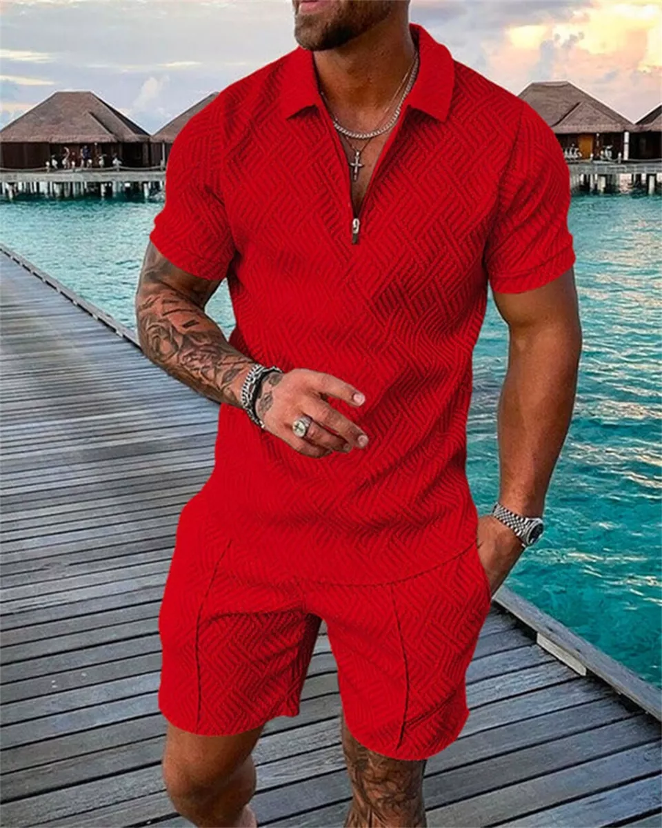 Summer 2-Piece Set Sweatsuit Men Short Sleeve T-Shirt+Shorts Outfit Lapel  Neck