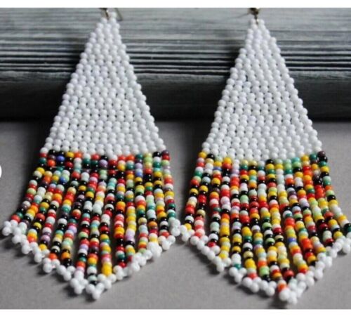 Boho  Tribal Earrings  American Native Earrings Large  Seed Beads Earrings - Picture 1 of 3