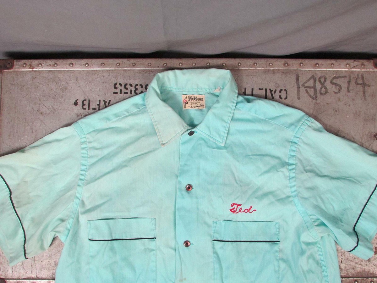 Vintage 1950s Hilton Sky Blue Bowling Shirt 'A&B Carpet