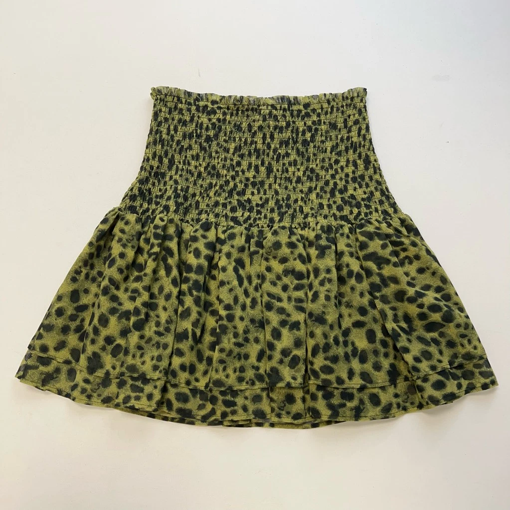 H M Womens Flare Skirt Green Black Leopard Print Mini Smocked