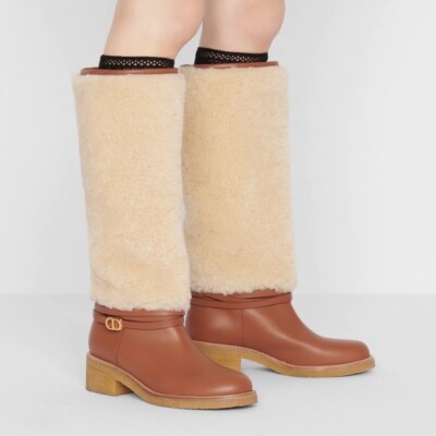 Christian Dior D-Furious Calfskin Leather & Shearling Boots Dark Tan Size 39.5