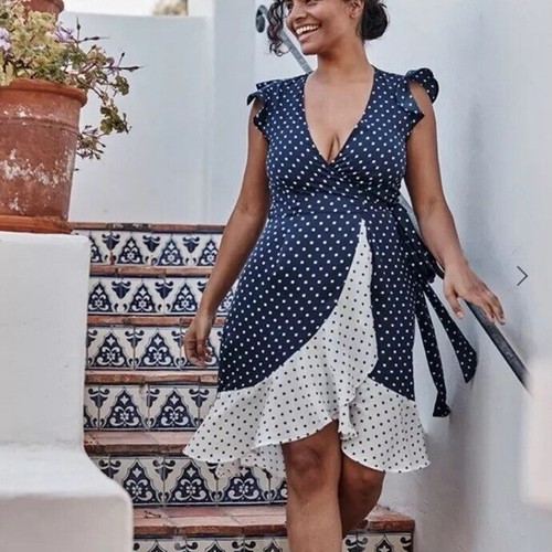 SUMMERSALT The Beach to Brunch Wickelkleid eckige Punkte in Tiefsee & weißem Sand M - Bild 2 von 13