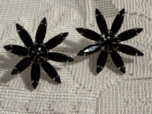 Orecchini Vintage Fiori Cristallo Baguette Nero Tono Argento Clip On - Foto 5 di 11