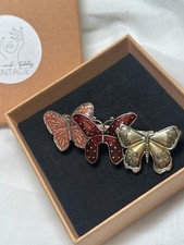 Vintage 1980s Brown, Rose & Silver Enameled Butterfly Trio Hair Clip Barrette