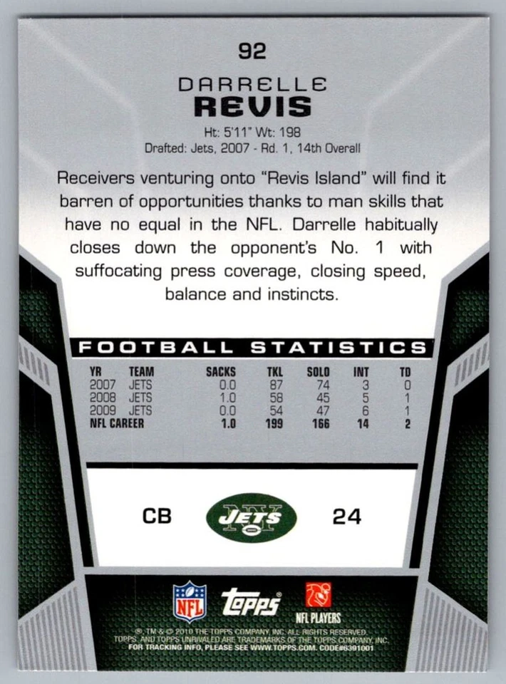 2010 Topps Unrivaled Darrelle Revis New York Jets #92 - Image 2 of 2