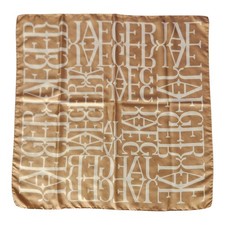 Vtg JAEGER Logo Print Hand-Rolled All Silk Tan Square Scarf Made in Italy 33x33"