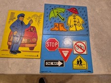 3 Vintage Judy Instructo Wooden Puzzles - Rain Safety Police Officer 1975 77 81