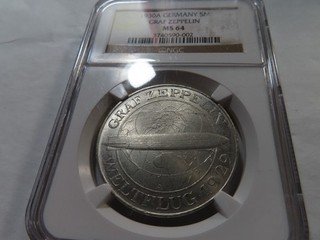S49 Germany Weimar 1930 A Silver 5 Marks Graf Zeppelin NGC MS 64