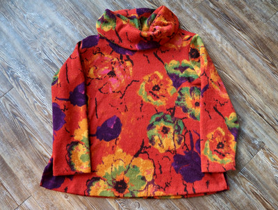 Ali Miles Abstract Floral Cowl Neck Sweater Top Artsy Lagenlook Womens Medium