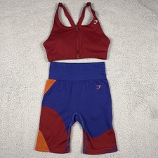 Gymshark Sports Bra Bike Shorts Set Womens Small Red Blue Seamless Workout Gym