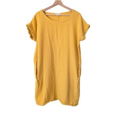 EILEEN FISHER Yellow Gauze Cotton Tunic Dress S Short Sleeve Raw Hem Pockets