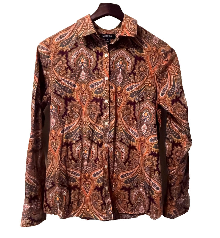 LANDS' END PAISLEY LONG SLEEVE SUPIMA NO IRON BUTTON COTTON SHIRT TOP WOMEN'S 6