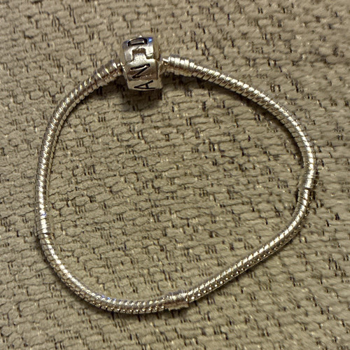 PANDORA Silver Snake Chain Charm Bracelet, Barrel Clasp, Signed 7” long