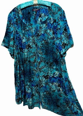 Roaman s Top 30 Teal Floral Button Down Flowy Rayon Shirt Blouse Plus Size 30W