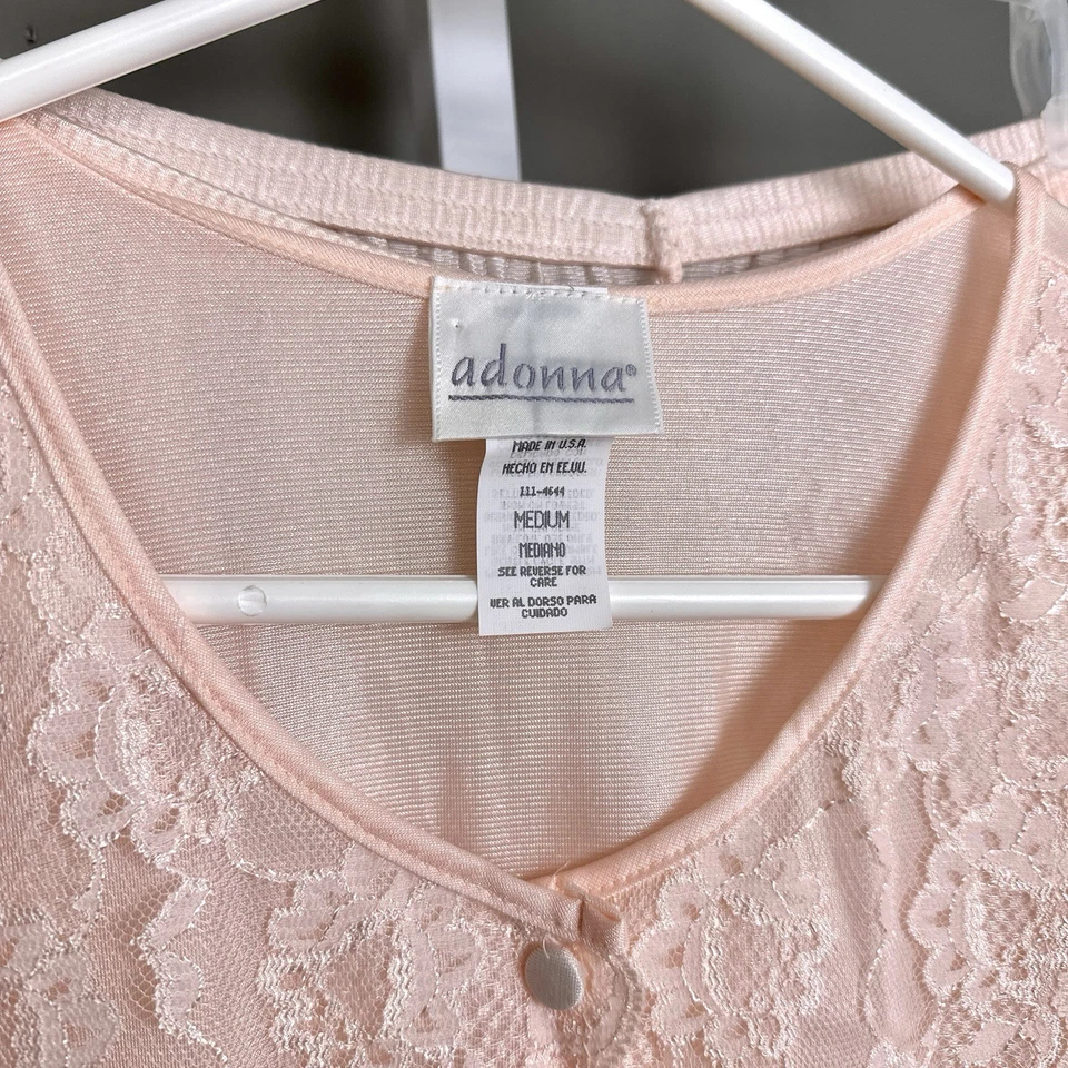 Винтажный Adonna нейлона пижамы комплект персиковый розовый широкий кружевной Топ брюки средний сделано в США - Изображение 3 из 4