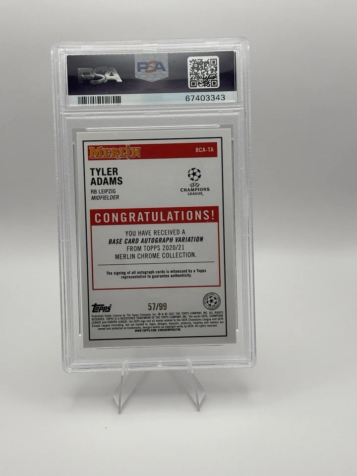 Topps Merlin 2020-21 cromo UEFA Tyler Adams Mojo refractor automático PSA 10 Foto 2 de 2